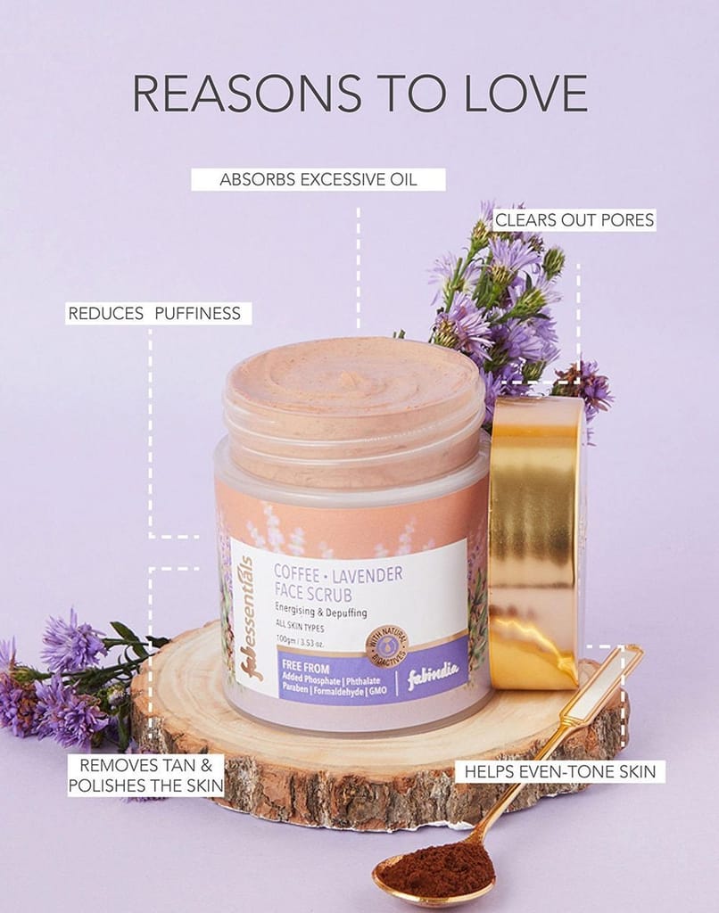 Fabessentials Coffee Lavender Face Scrub | with Walnut Shells | Mild Exoliator that Detoxifies Pores, Remove Dirt from Debris and Reduces Blemishes | Doesn't Strip Away Moisture & Keeps Skin Hydrated & Glowing - 100 gm