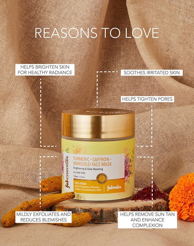 Fabessentials Turmeric Saffron Marigold Face Mask | with Kaolin & Bentonite Clay | for Tan removal, Skin Brightening & Glow Boosting - 100 gm