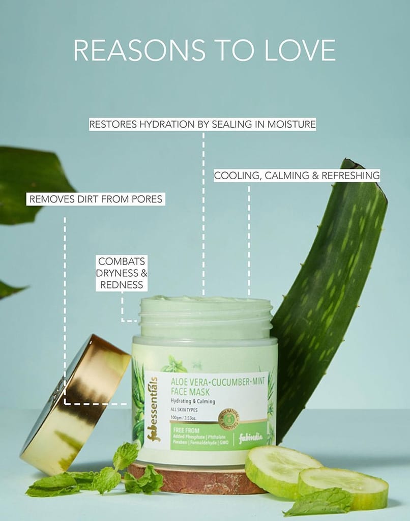 Fabessentials Aloe Vera Cucumber Mint Face Mask | with Kaolin & Lotus extract | combats Dryness & Redness | Hydrating, Cooling, Calming & Refreshing - 100 gm