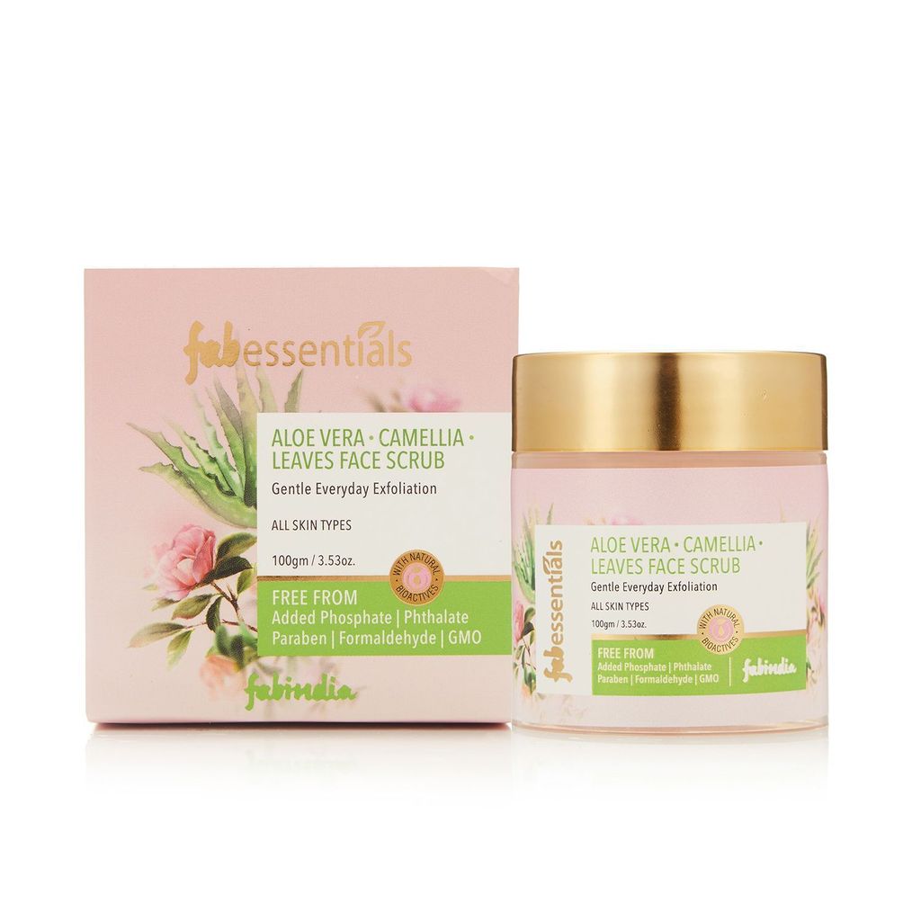 Fabessentials Aloe Vera Camellia Leaves Face Scrub | with Green Tea Leaf & Tamarind extract | for Gentle Every Day Exfoliation | reduces Dark Spots, Pigmentation & buffs away Dullness | Soothing, Healing & Moistursing - 100 gm