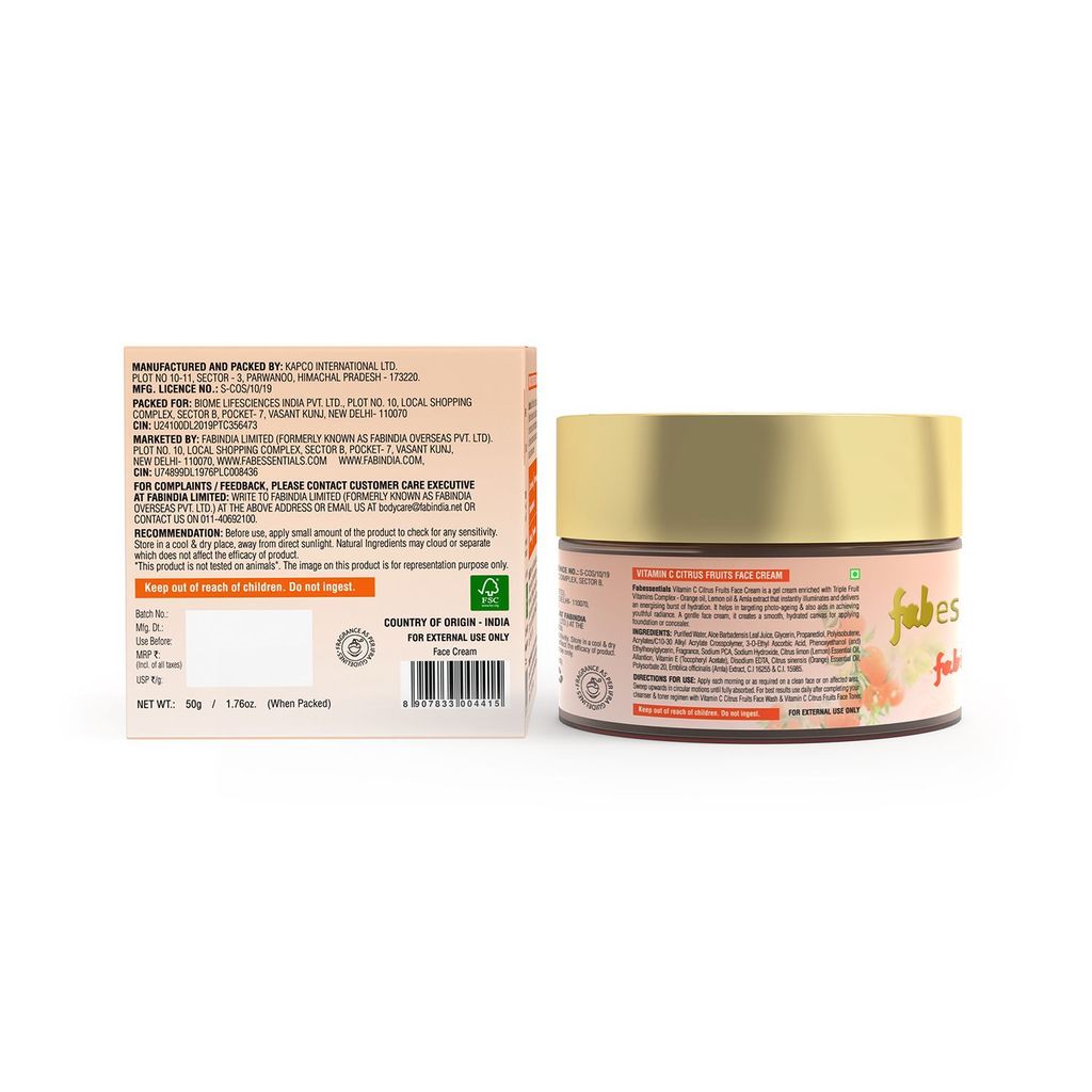 Fabessentials Vitamin C Face Cream | with Aloe Vera Juice, Allantoin & Kokum Seed Butter | Daily Defence Serum Moisturiser for Instant Hydration & Illuminating Skin | Targets Photo-Ageing & Gives Youthful Radiance - 50 gm