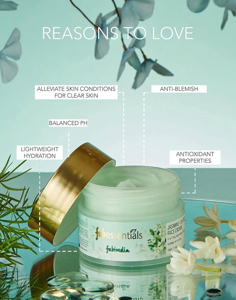 Fabessentials Jasmine Tea Tree Face Cream | with the Goodness of Niacinamide & Citronellol | 3-in-1 Day-Night-Mask-in-Cream | Combat the Appearance of Blemishes, Acne and Breakouts - 50 gm
