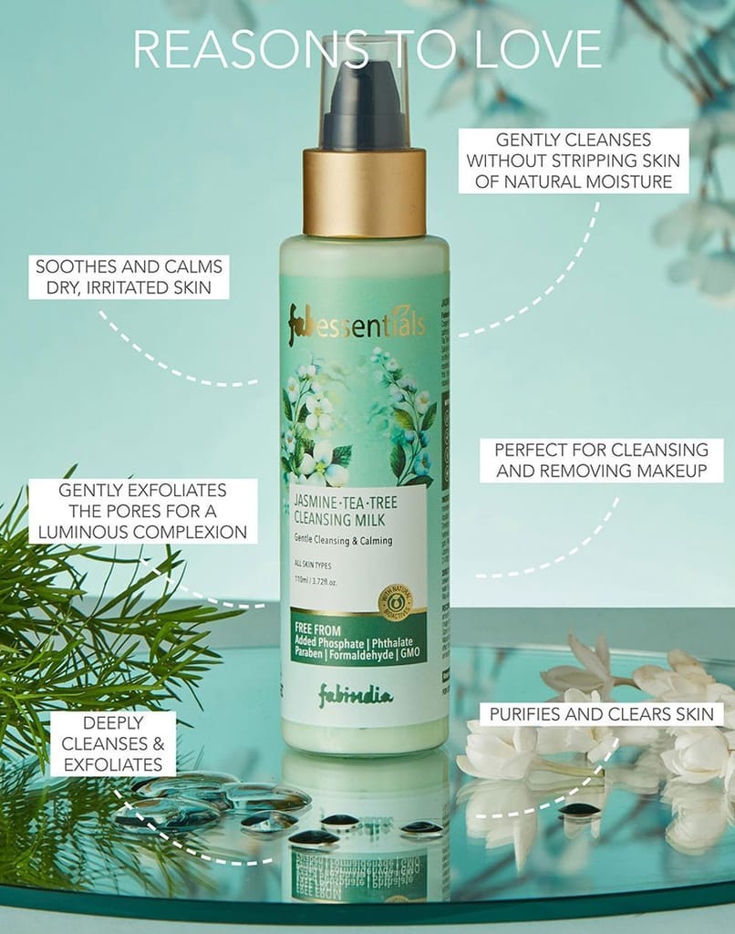 Fabessentials Jasmine Tea Tree Cleansing Milk | Gentle Cleansing & Calming Make-up Remover that Deeply Cleanses & Soothes Irritated Skin | with the Goodness of Salicylic Acid & Grape Seed Oil - 110 ml