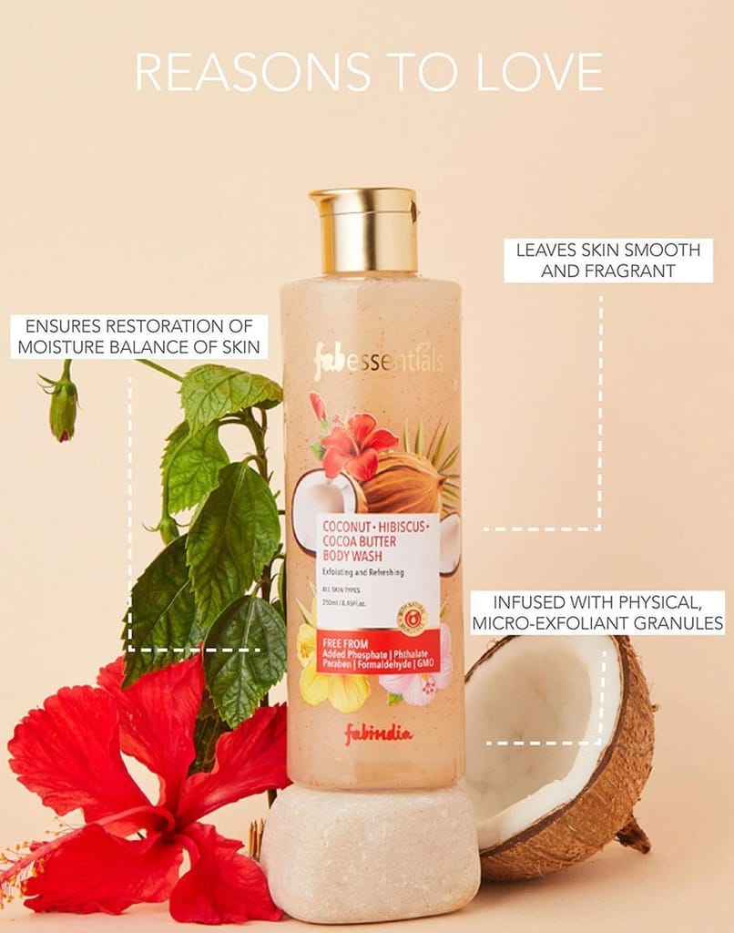 Fabessentials Coconut Hibiscus Cocoa Butter Exfoliating Body Wash | with the Goodness of Wheatgerm Oil, Walnut Granules, Cocoa Butter & Vitamin E | for Soft Skin - 250 ml