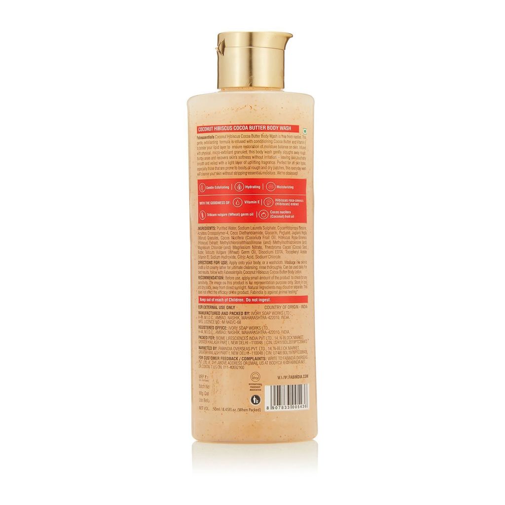 Fabessentials Coconut Hibiscus Cocoa Butter Exfoliating Body Wash | with the Goodness of Wheatgerm Oil, Walnut Granules, Cocoa Butter & Vitamin E | for Soft Skin - 250 ml