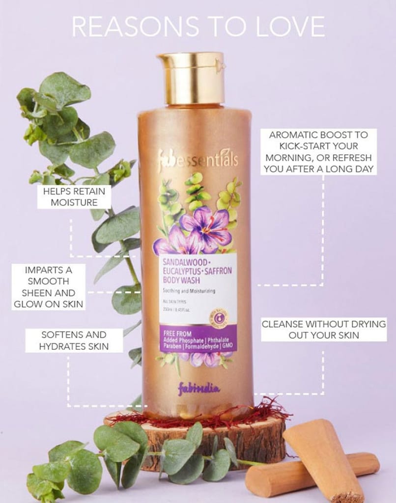 Fabessentials Sandalwood Eucalyptus Saffron Body Wash | with Cocoa Seed Butter | for Cleansing, Soothing & Moisturising Skin - 250 ml