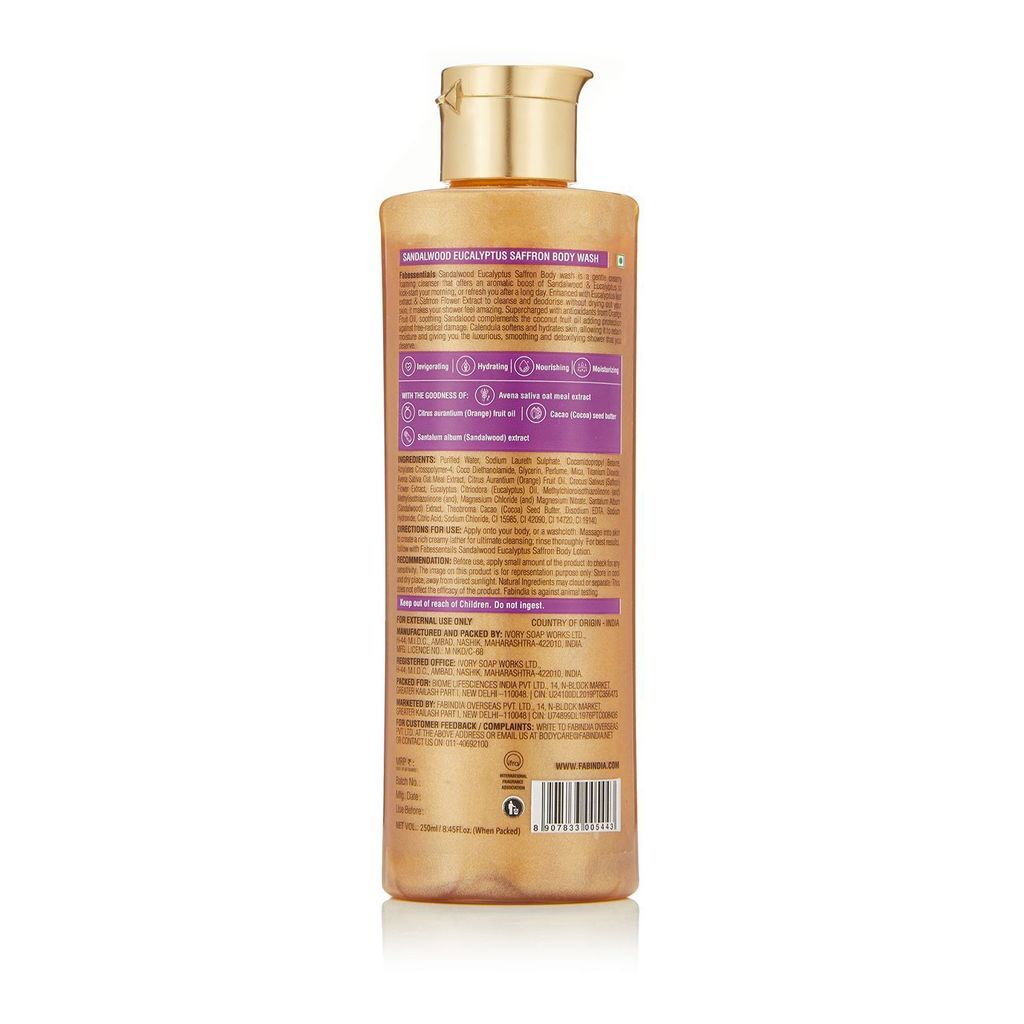 Fabessentials Sandalwood Eucalyptus Saffron Body Wash | with Cocoa Seed Butter | for Cleansing, Soothing & Moisturising Skin - 250 ml