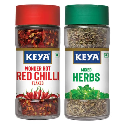 Keya Combo of Red Chilli Flakes 41gm, Mixed Herbs 25gm, Pack 2