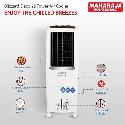 Maharaja Whiteline Blizzard 25 Deco Tower Air Cooler, 22 Litre, White & Grey (CO-160)