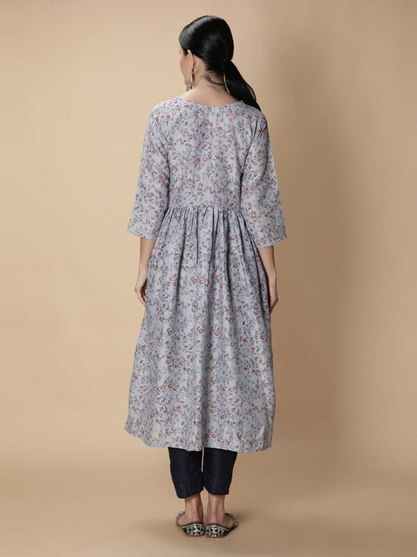 Cotton Slub Floral Printed Anarkali Women Kurta (Light Blue)