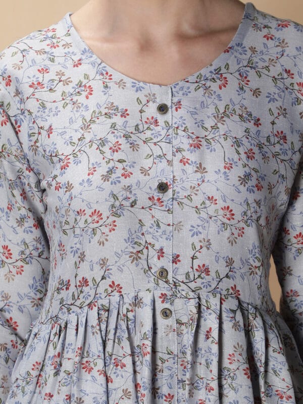 Cotton Slub Floral Printed Anarkali Women Kurta (Light Blue)