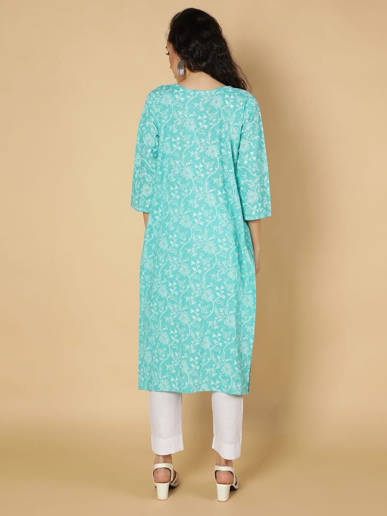 Cotton Ethnic Motifs Printed A-Line Pleated Women Kurta (Aqua)