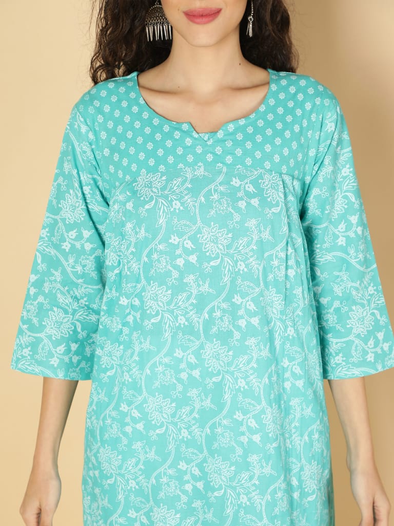 Cotton Ethnic Motifs Printed A-Line Pleated Women Kurta (Aqua)