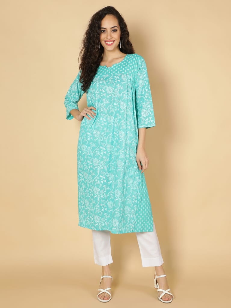 Cotton Ethnic Motifs Printed A-Line Pleated Women Kurta (Aqua)