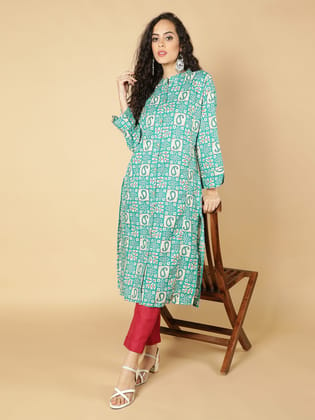 Cotton Ethnic Motifs Printed A-Line Women Kurta (Turquoise)