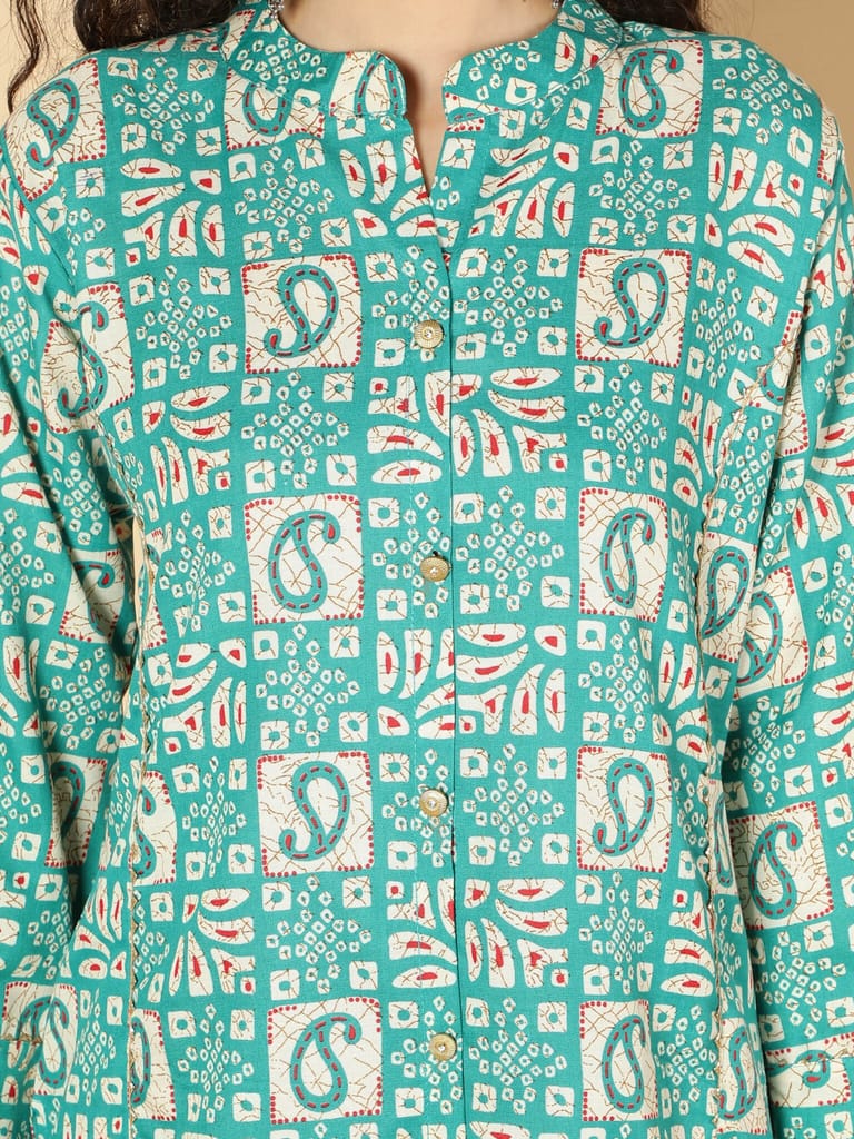 Cotton Ethnic Motifs Printed A-Line Women Kurta (Turquoise)