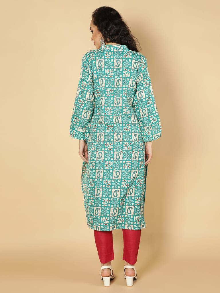 Cotton Ethnic Motifs Printed A-Line Women Kurta (Turquoise)