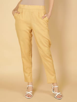 Women Solid Plain Cotton Trouser Pant (Beige)