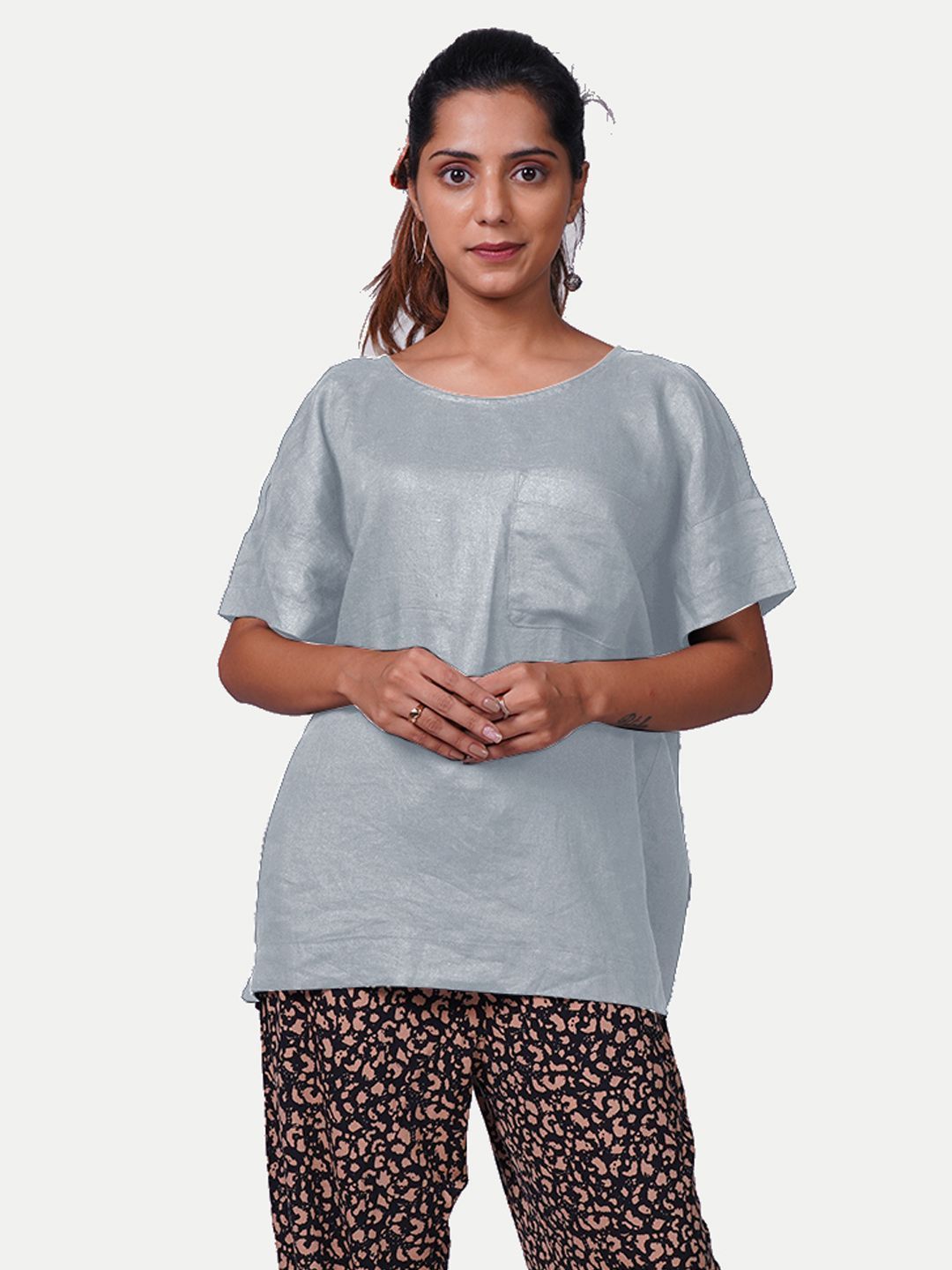 Women solid casual Grey Linen Tops
