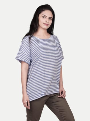 Women Blue Striped Linen Top