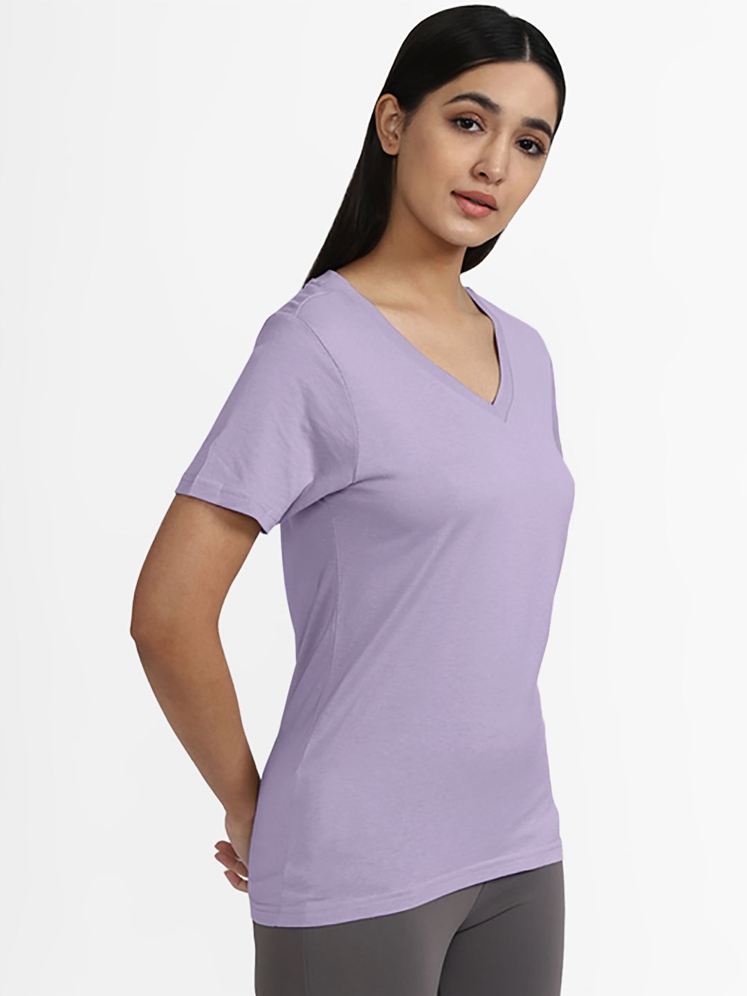Women Basic Violet V Neck T-shirt