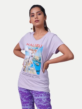 Women Printed Tees Malibu- Lilac Colour