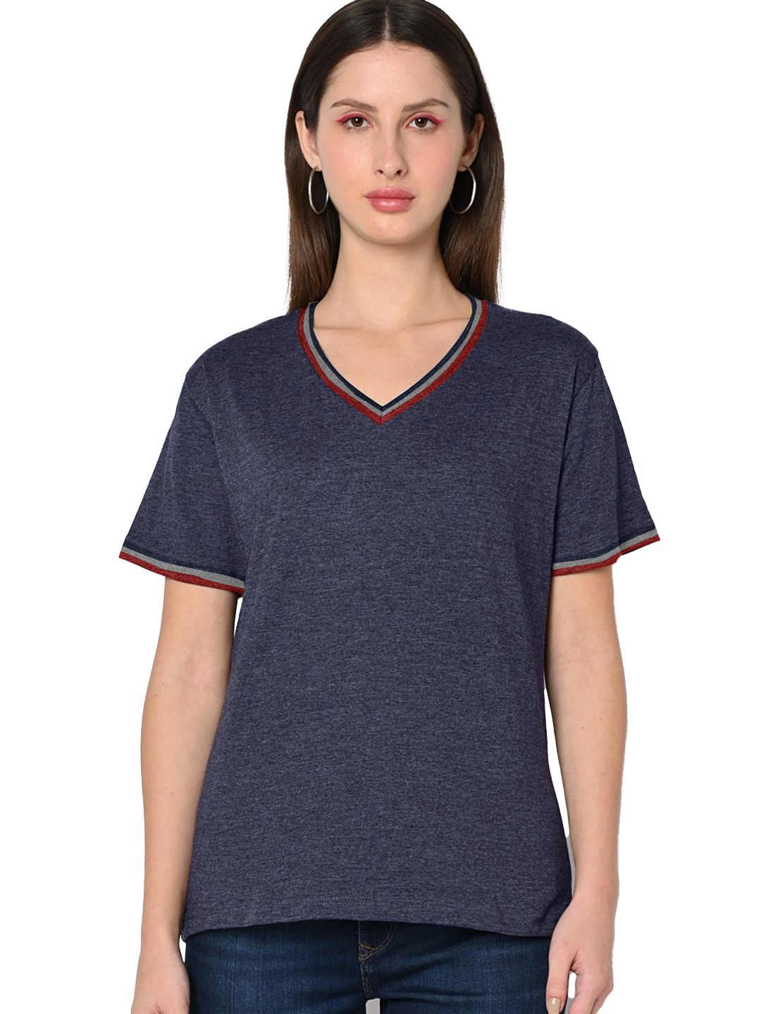 Women Navy Blue Color V Neck T Shirts