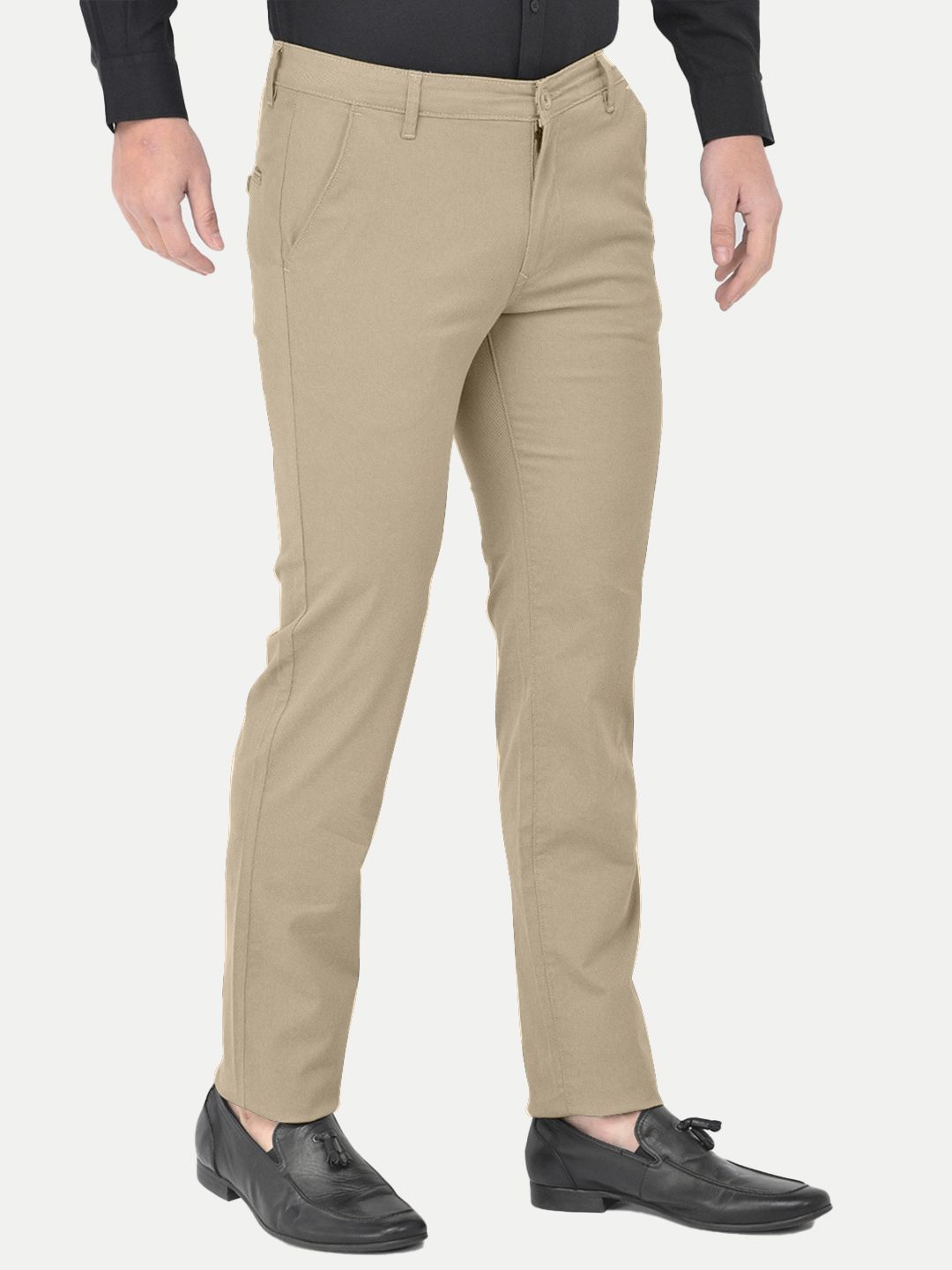 Mens Beige Solid Chinos Trousers