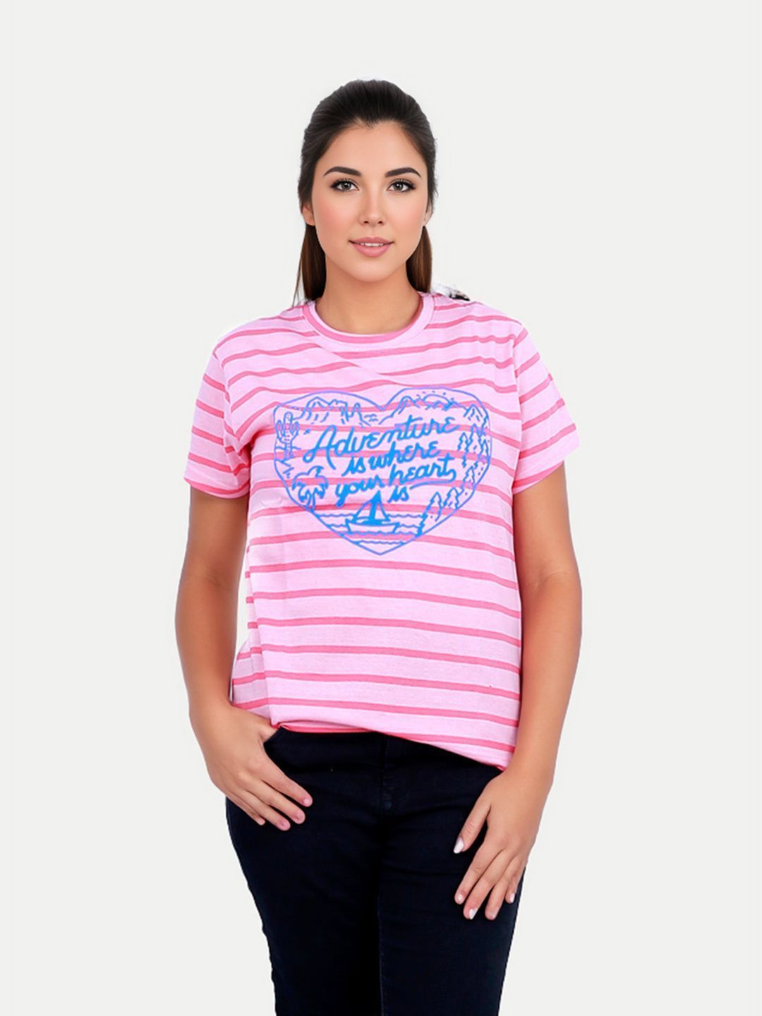Women Pink Striped Printed T-shirt