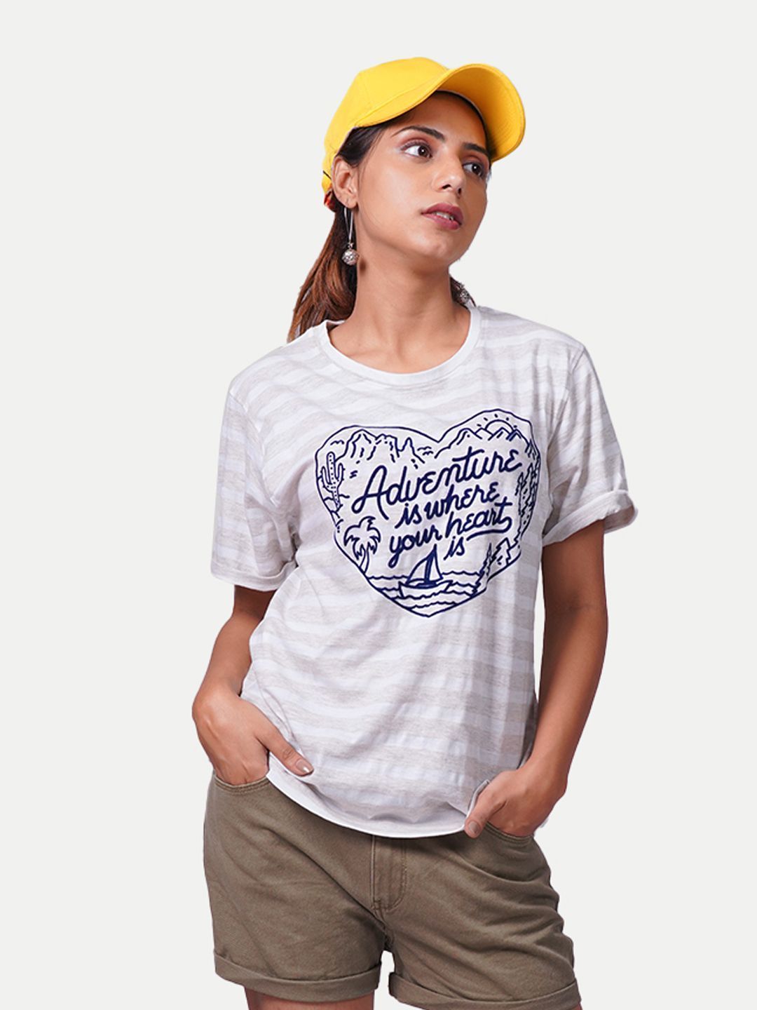 Women Beige Striped Printed T-shirt