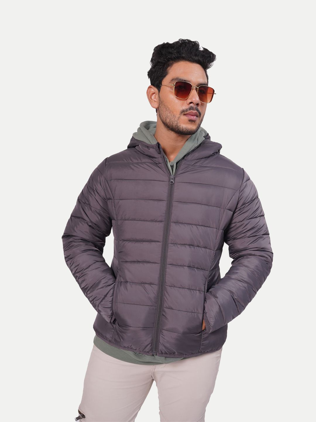 Men Classic Violet puffed quilted Jacket with side pockets and hoodie