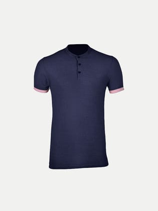Men Navy Henley Neck Tee with Contrast Sleeve