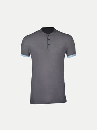 Men Dark Grey Henley Neck Tee with Contrast Sleeve