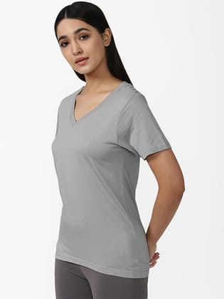 Women Solid Light Grey V Neck T-Shirts