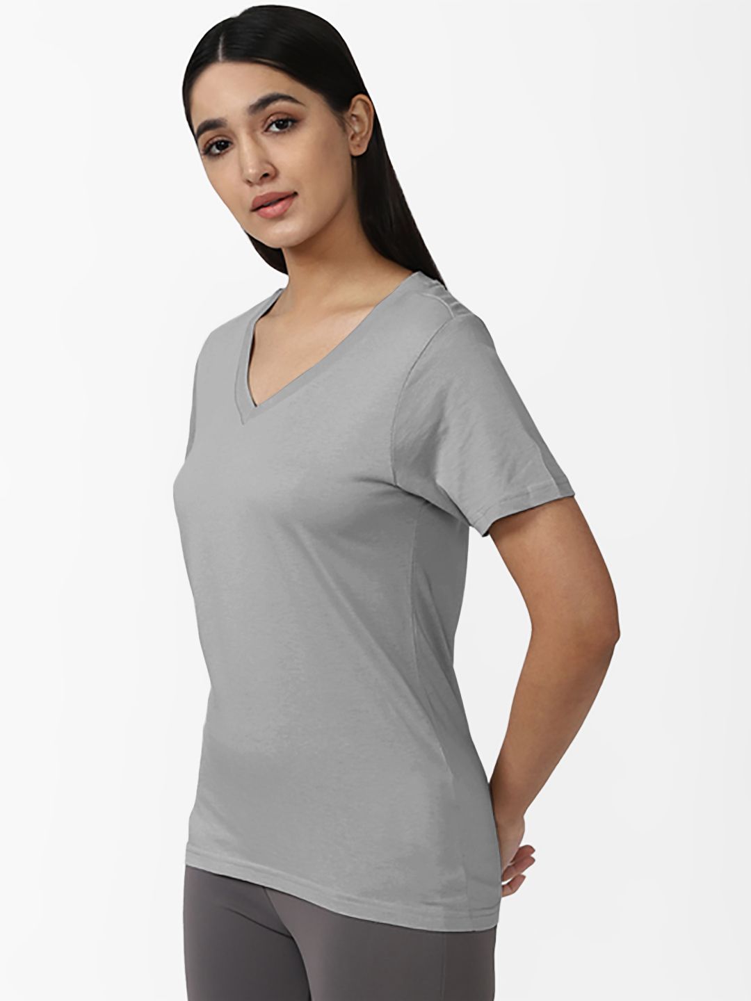 Women Solid Light Grey V Neck T-Shirts