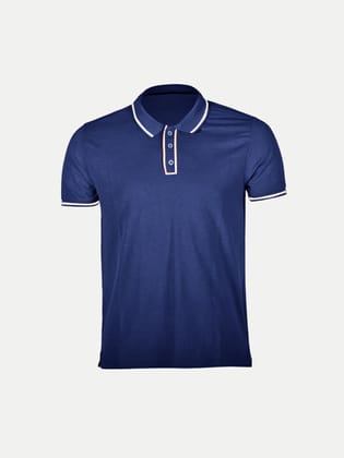 Men Navy Blue Cotton Contrast Tipping Polo T-shirt