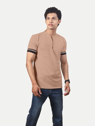 Men Solid Tees Henley Neck- Beige Colour