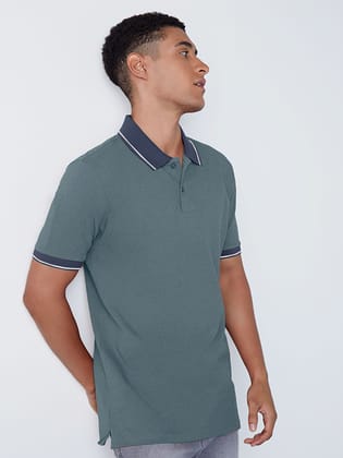 Mens Petrol Cotton Jacquard Collar Polo T Shirt
