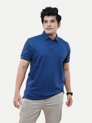 Mens Navy Cotton Jacquard Collar Polo T Shirt