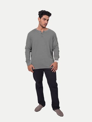 Men Olive Green Full Sleeve Henley Neck T-Shirt
