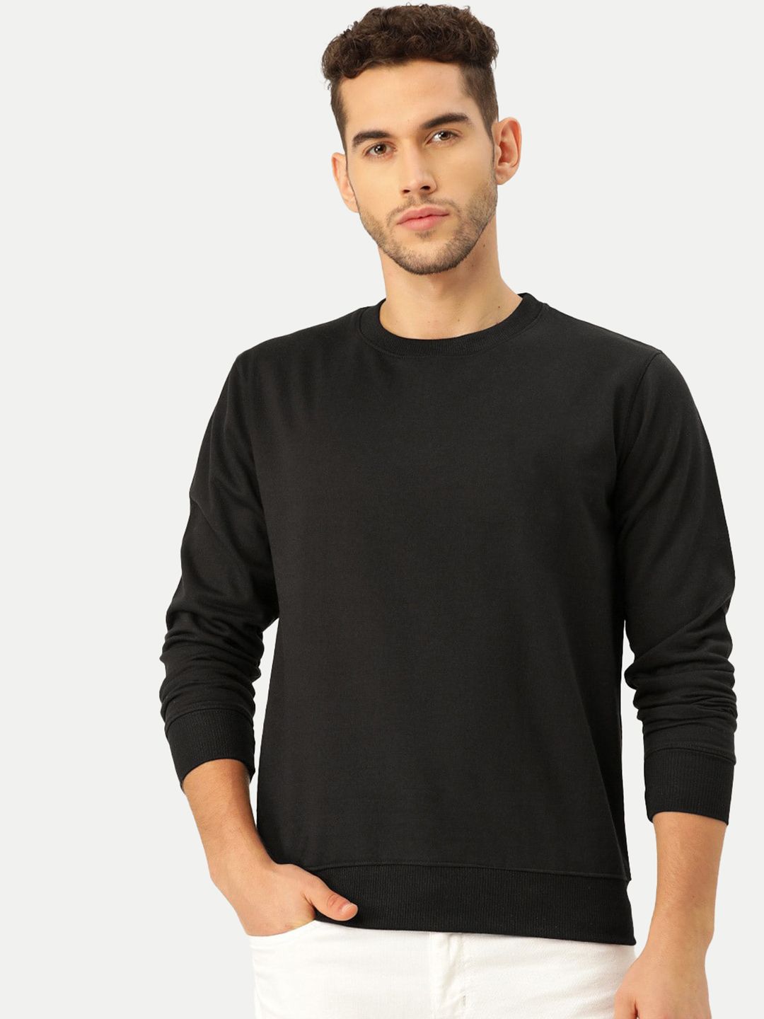 Men Solid Black Regular Fit Pullover Sweatshirt