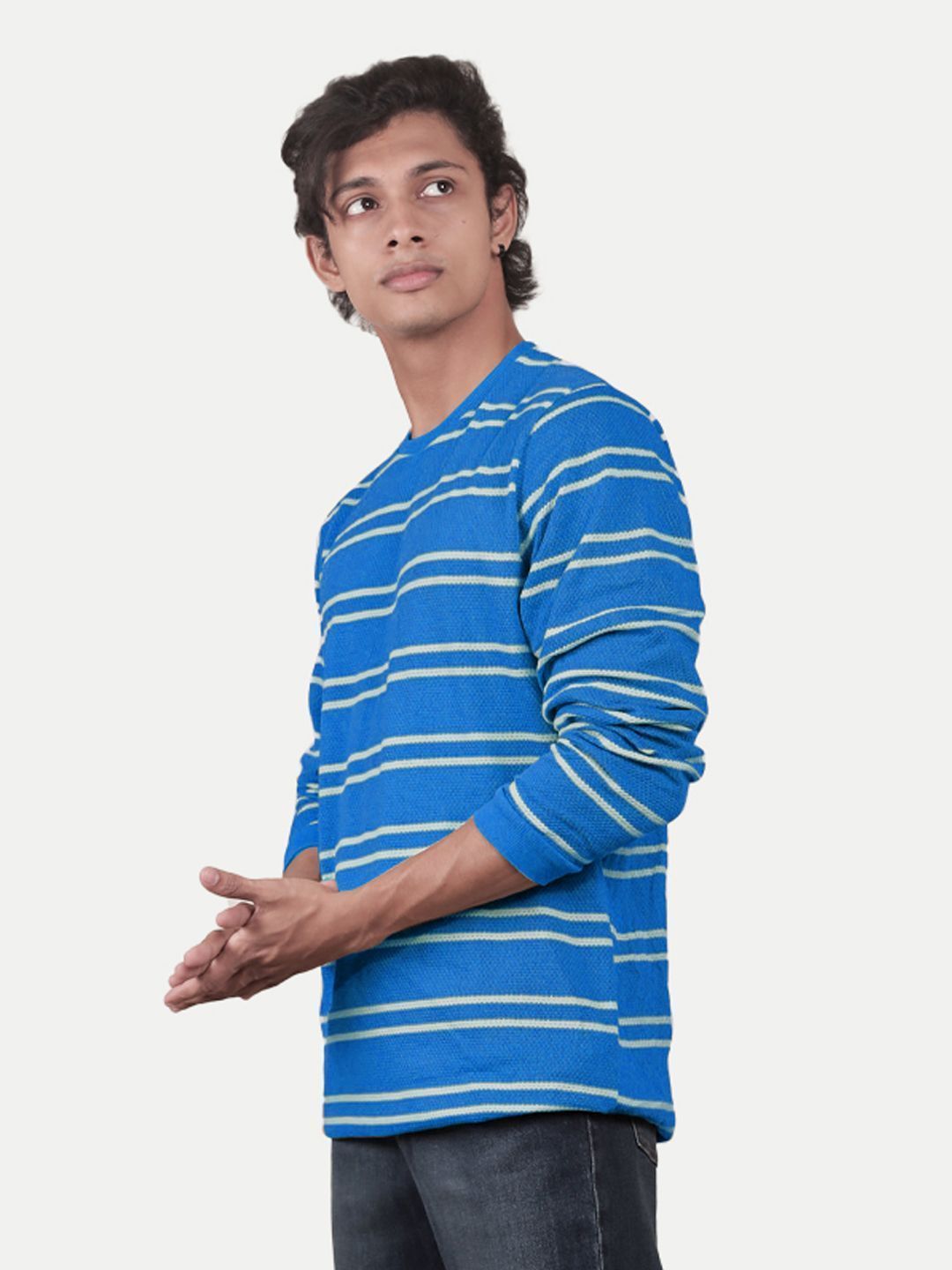 Men Blue Striped textured Pullover relaxed Sweatshirt