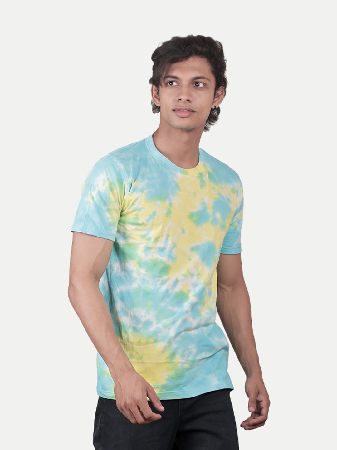 Men Light Blue Tie and Dye Cotton Crew Neck T-Shirt