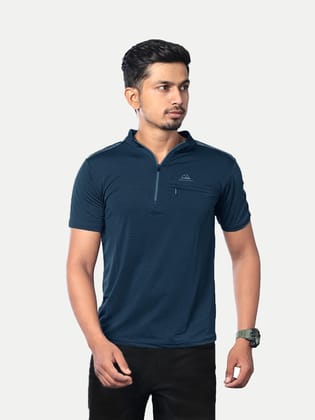 Men Navy Active wear Zipper Half Sleeve T Shirt