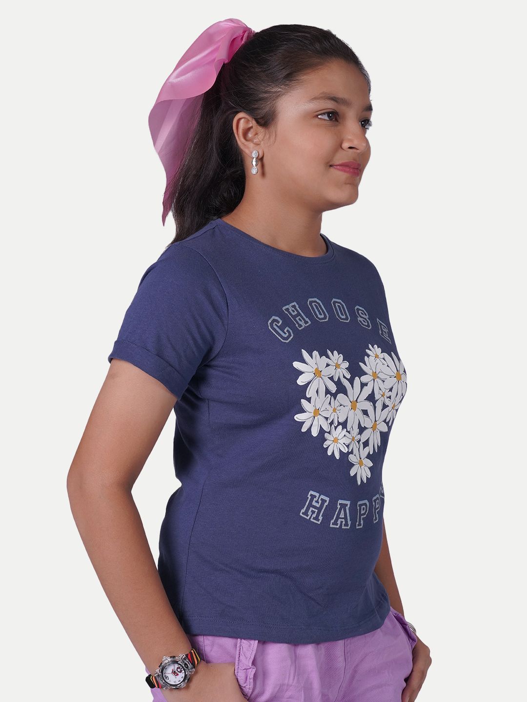 Teen Girls Navy Printed Crew Neck T-shirt