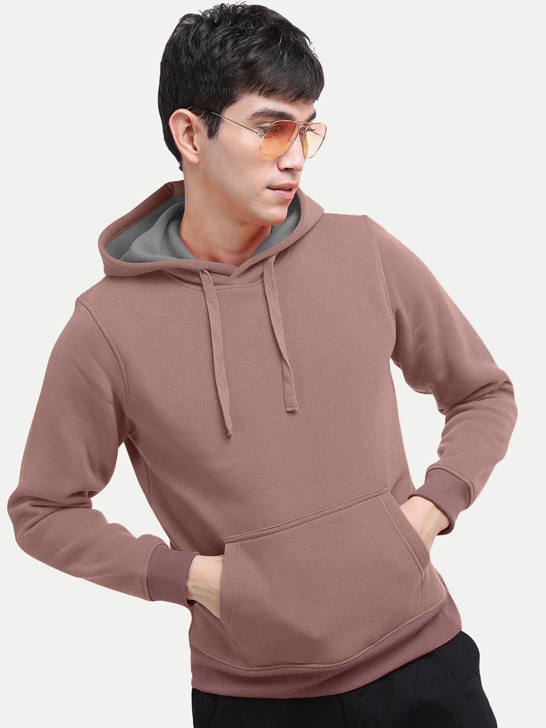 Men Solid Lt Brown Hoodie with Pockets