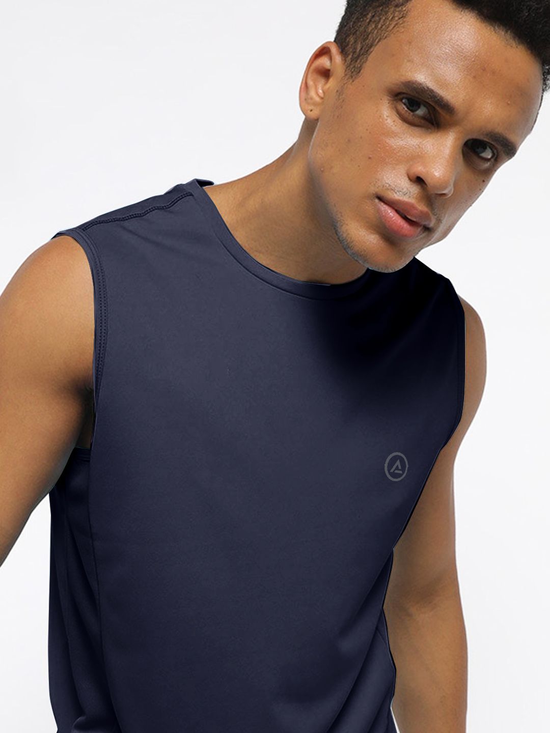 Men Dark Navy Textured Sleeveless Sports T-shirt