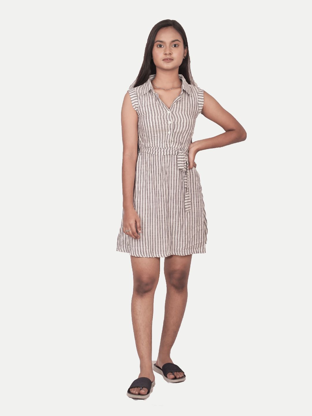 Teen  Girls White Striped Shirt-dress with Waist-belt