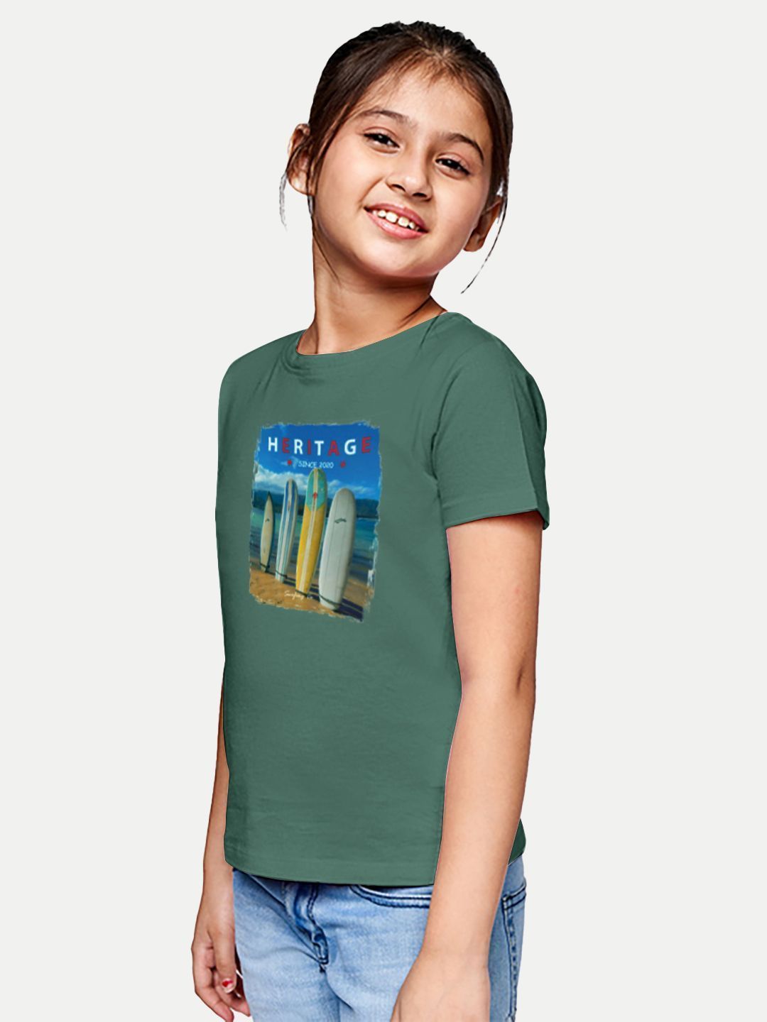 Girls Green Printed Crew Neck T-shirt