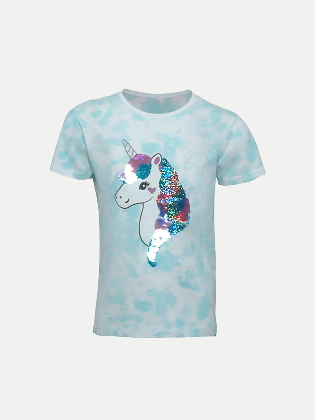 Girls Sky blue Tie & Dye  T-shirt with Sequined Holographic horse